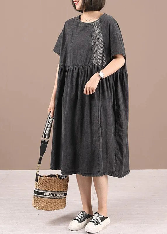 Black Patchwork Cinched Denim Ankle Dress Summer
