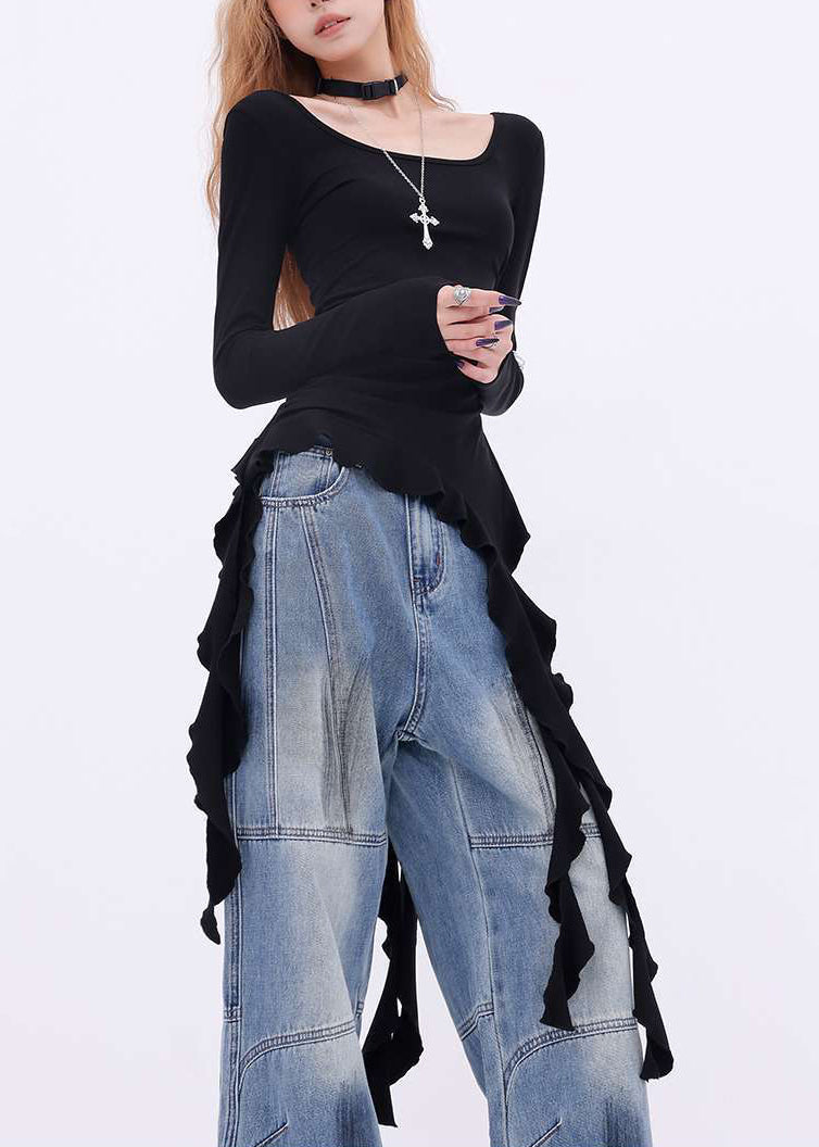 New Black Asymmetrical Cotton T Shirts Spring