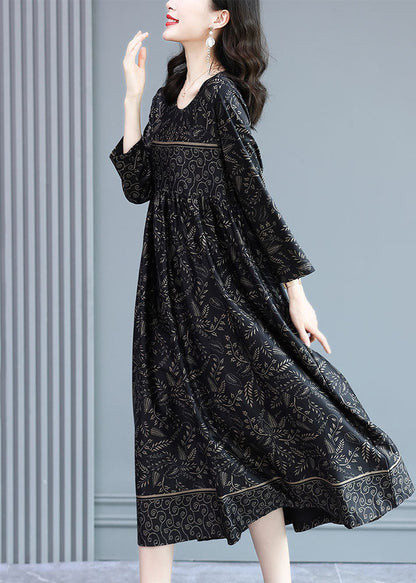 Black O-neck Wrinkled Print Silk Long Dress Long Sleeve