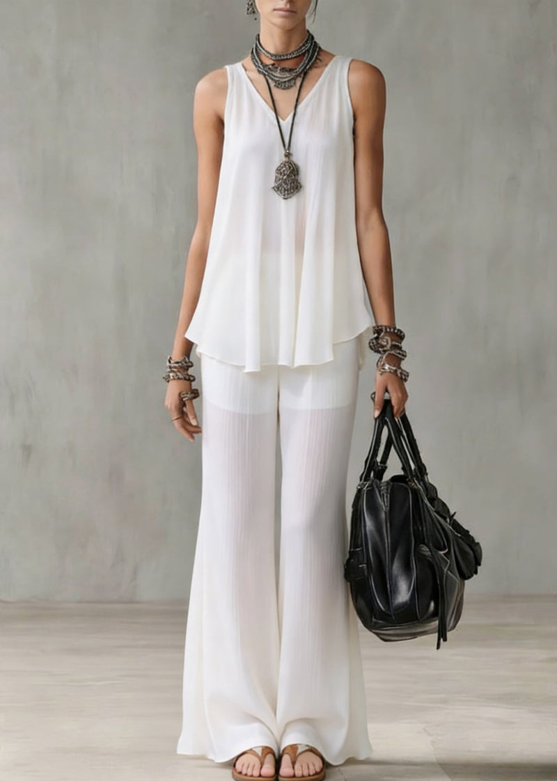 Boutique White V Neck Tops and Wide Leg Pants Chiffon Two Pieces Set Summer