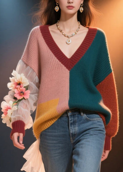 Colorblock V Neck Knit Short Sweater Fall