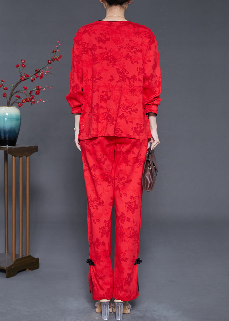 Mulberry Chinese Button Jacquard Cotton Two-piece Set Fall