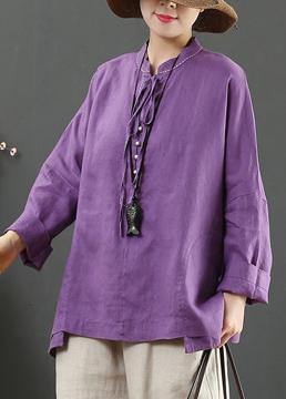 Stand Collar Pockets Spring Blouse Work Outfits Purple Blouse