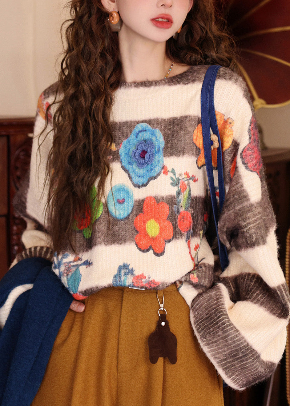 Colorblock O Neck Print Knit Pullover Batwing Sleeve