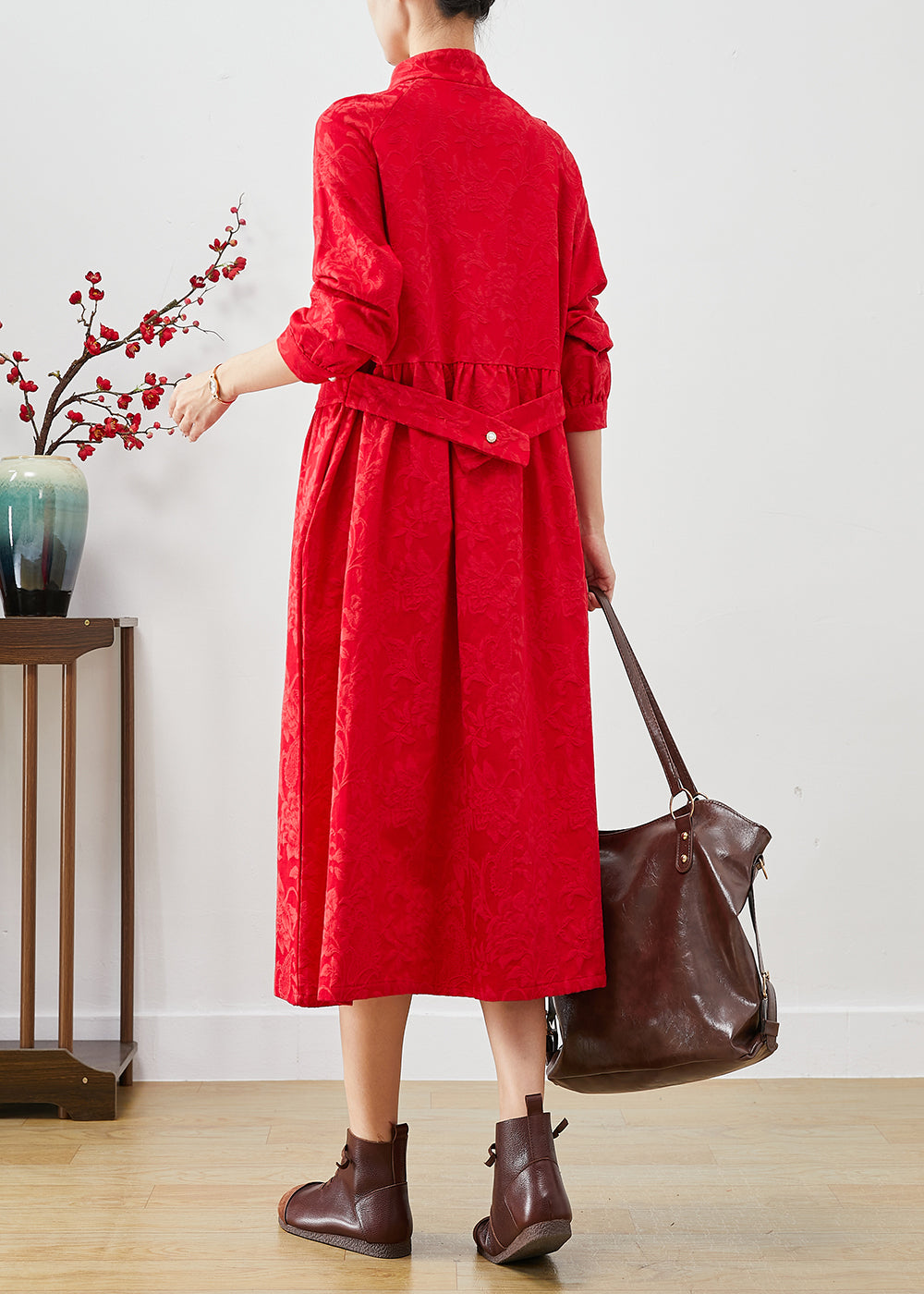 Red Chinese Button Jacquard Dresses Fall
