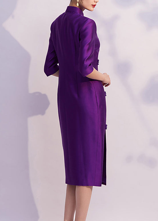 Chinese Style Purple Embroideried Side Open Silk Dresses Half Sleeve