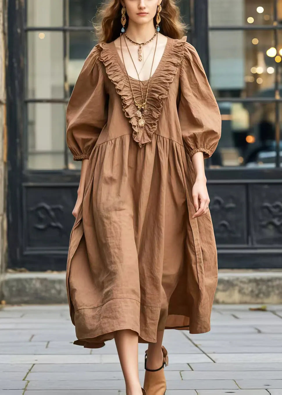 Unique Brown Ruffled Patchwork Cotton Long Dresses Bracelet Sleeve