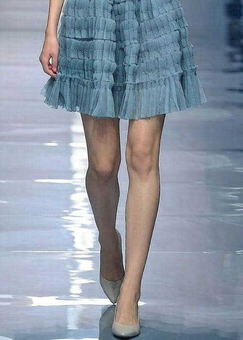 Blue Elastic Waist Tulle Skirt Wrinkled Summer