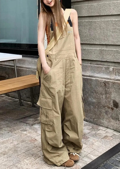 Khaki Pockets High Waist Cotton Jumpsuits Sleeveless