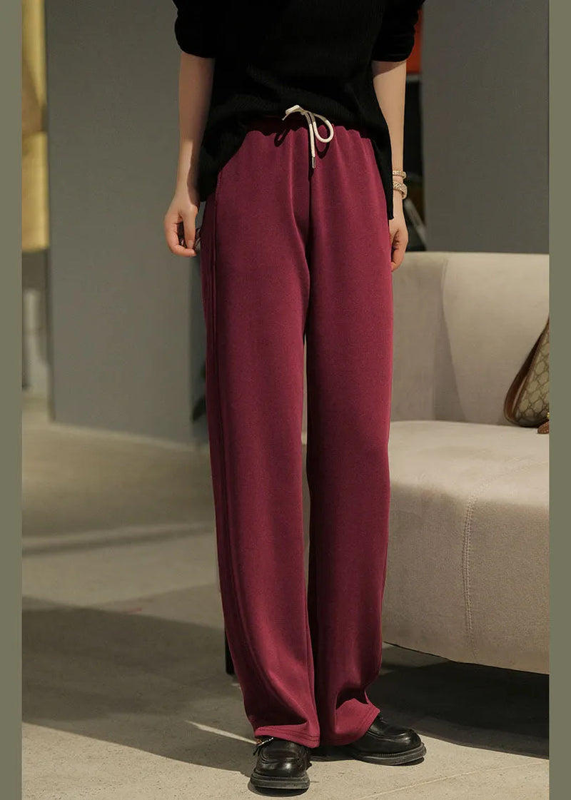 Red Elastic Waist Pockets Cotton Pants Fall