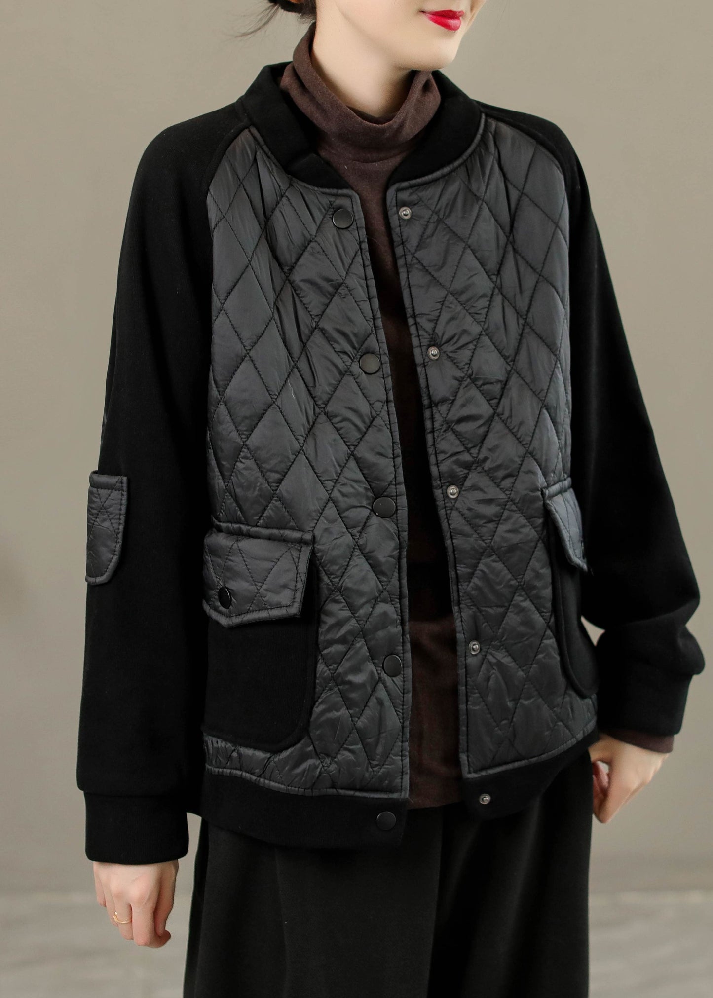 Coffee O-neck Plaid Patchwork Button Down Jackets Winter