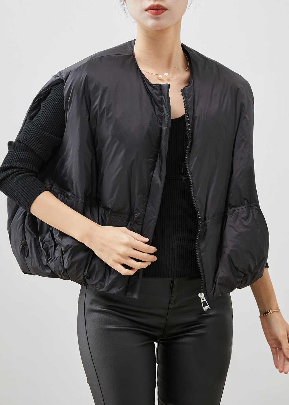 Style Black O-neck Oversized Fine Cotton Filled Vests Winter