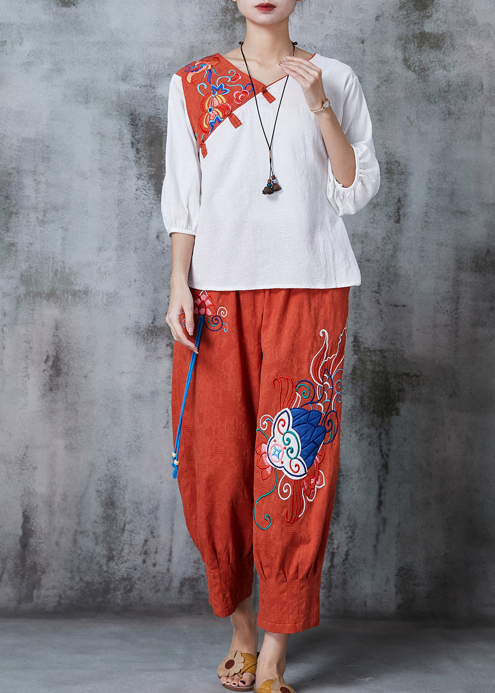 White Oriental Linen Two Piece Set Clothing Embroidered Summer