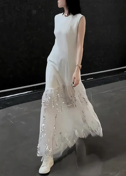 Original Design White Long Dress Summer Tulle Patchwork