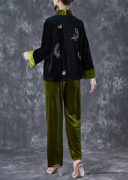 Blackish Green Embroideried Patchwork Silk Velour Two Pieces Set Fall