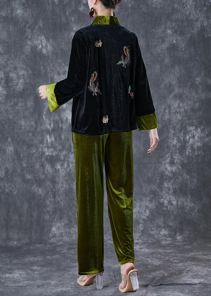 Blackish Green Embroideried Patchwork Silk Velour Two Pieces Set Fall