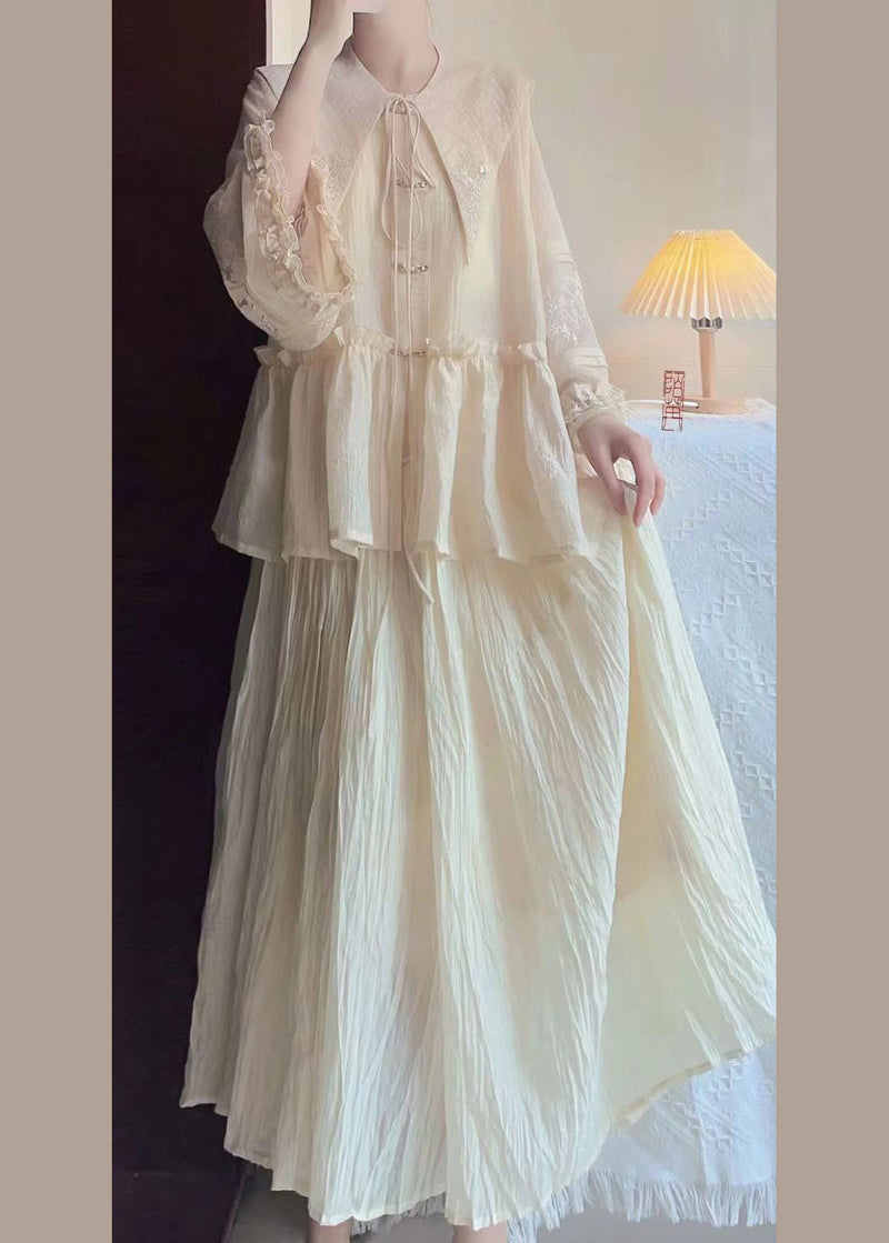 New Beige Ruffled Embroideried Lace Up Cotton Two-piece Set Spring