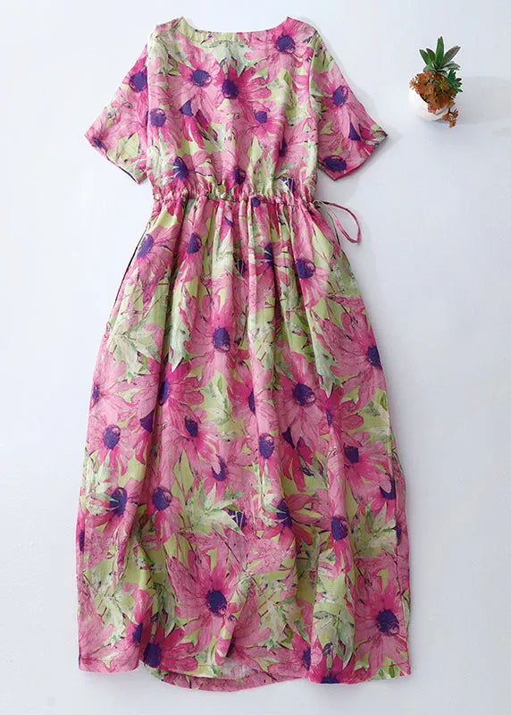 Pink Cinched Print Linen Vacation Dresses Summer