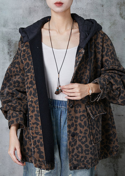 Coffee Hooded Leopard Print Warm Fleece Coat Spring
