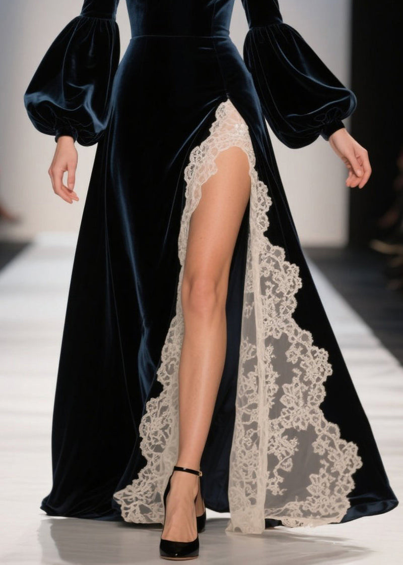 Cold Shoulder Lace Patchwork Velvet Dresses Fall