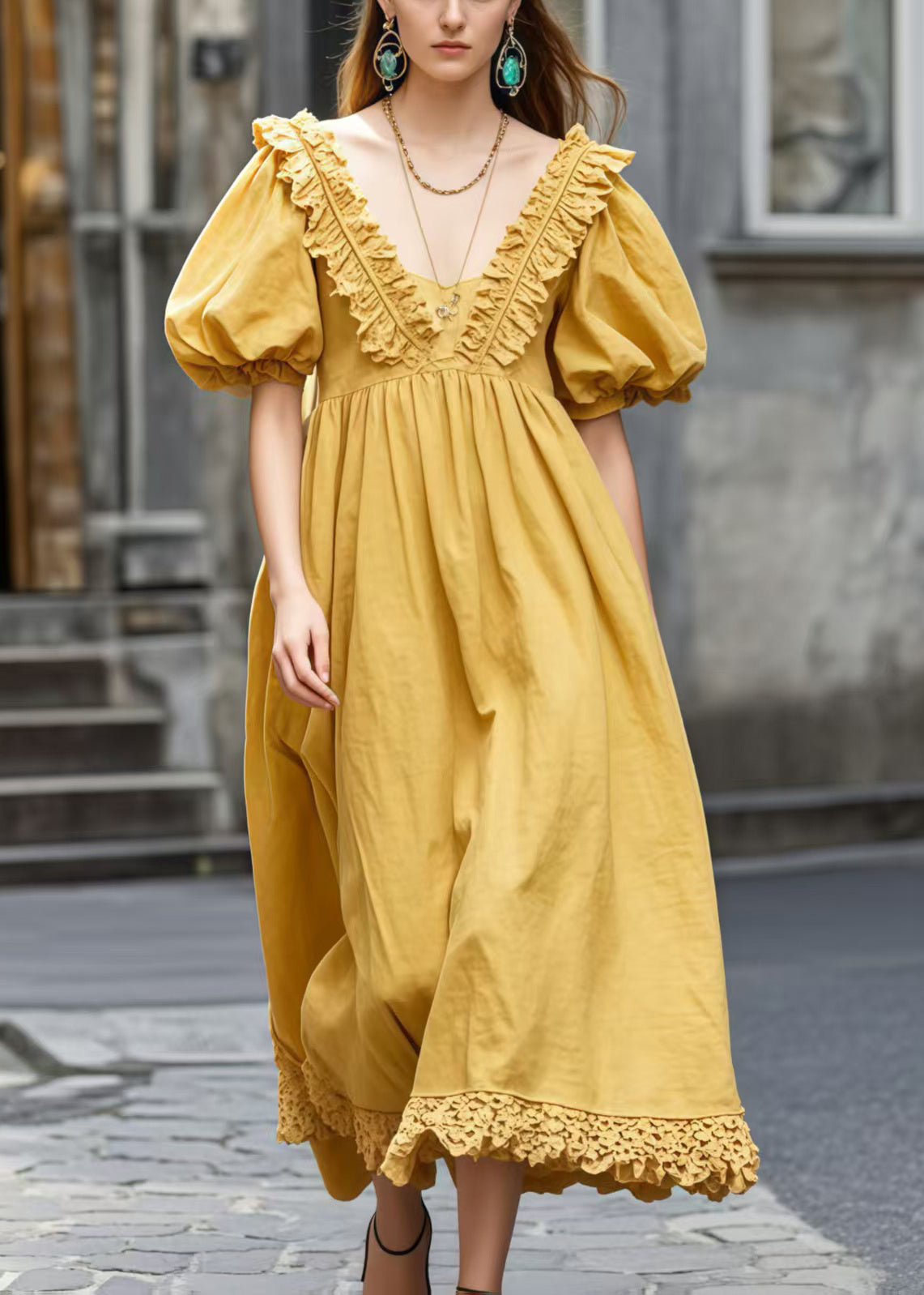 Yellow V Neck Wrinkled Cotton Ankle Dress Puff Sleeve