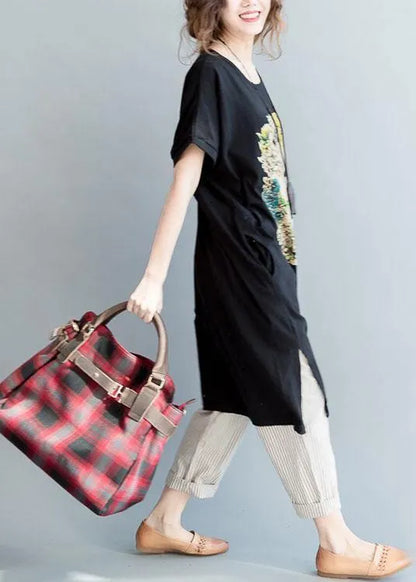 Diy Black Side Open Letter O Neck Vacation Cotton Dresses