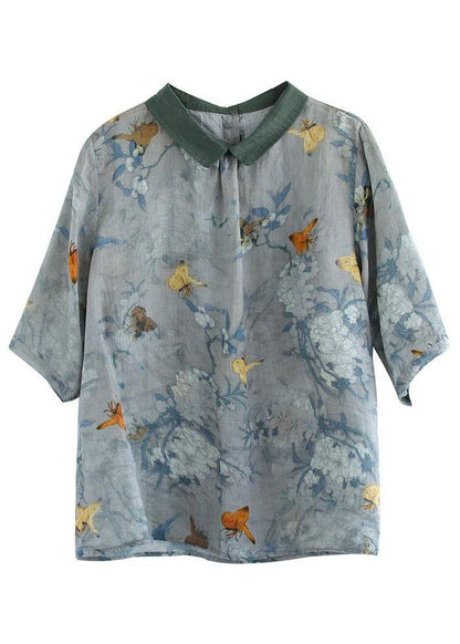 Grass Green Turn-down Collar Print Summer Shirt Half Sleeve