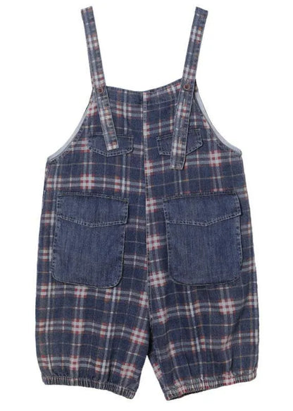 Black Plaid Jeans Jumpsuit Shorts Cotton