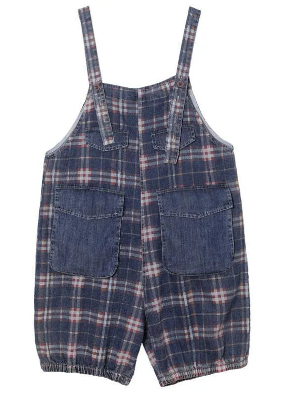 Black Plaid Jeans Jumpsuit Shorts Cotton