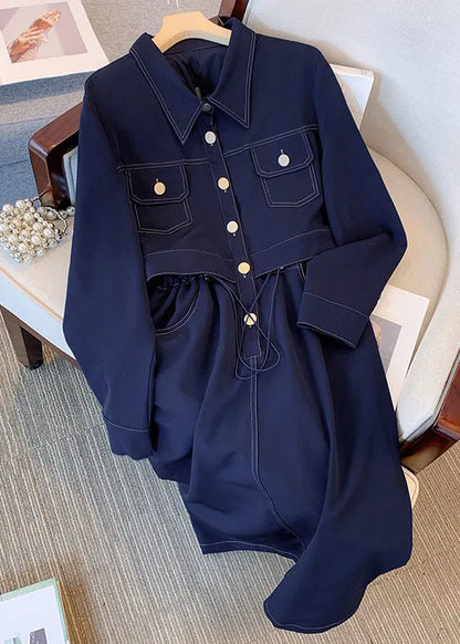 Navy Drawstring Pockets Denim Dress Long Sleeve