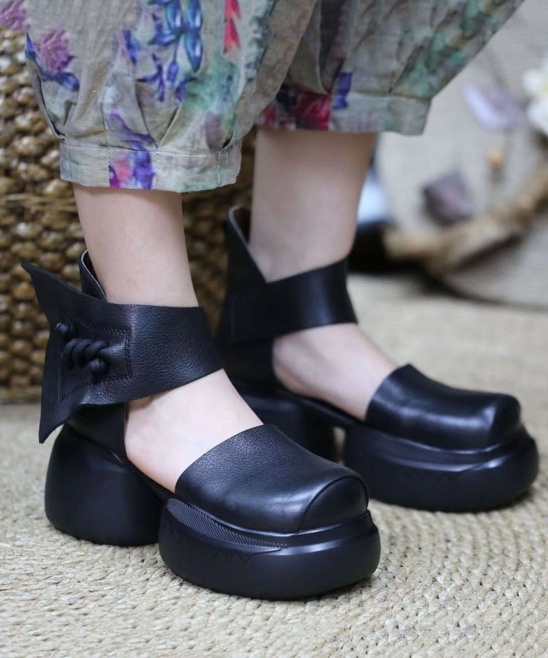 Splicing Platform Sandals Brown Cowhide Leather Buckle Strap