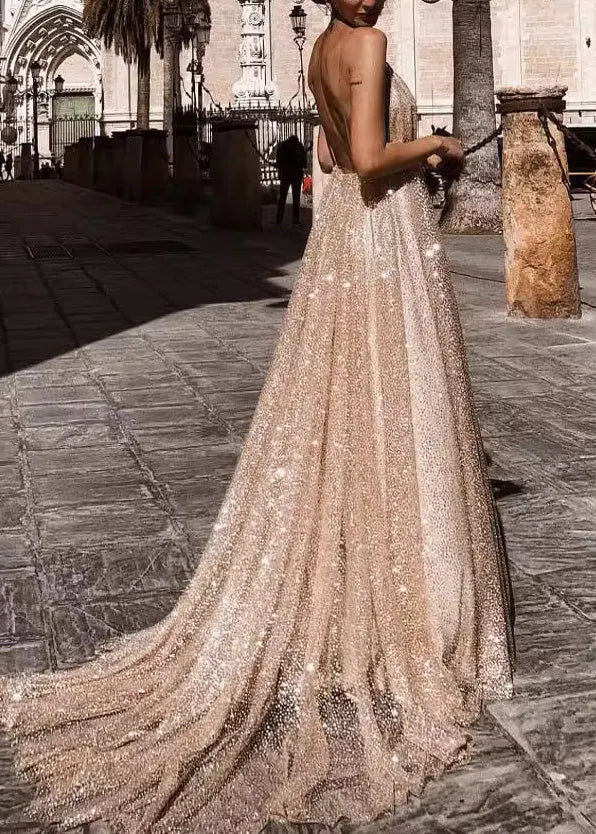 Italian Apricot V Neck Backless Sequins Spaghetti Strap Dress Summer