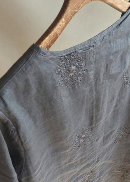Grey V Neck Embroideried Button Linen Cheongsam Dress Half Sleeve