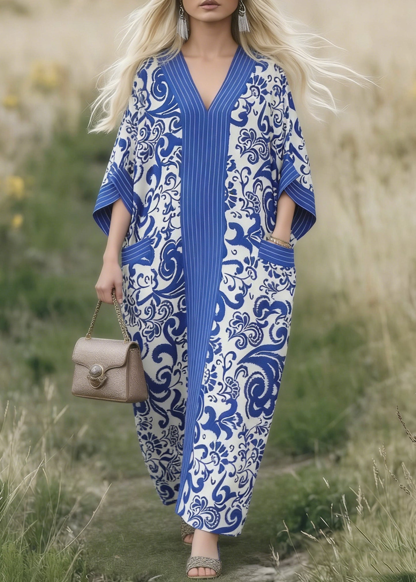 Blue Oversized Print Cotton Maxi Dresses Spring