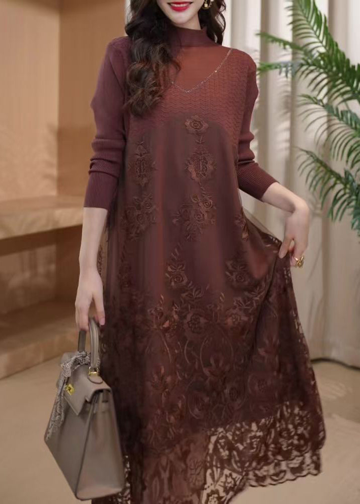 Coffee Embroidered Patchwork Knit Long Dress Winter