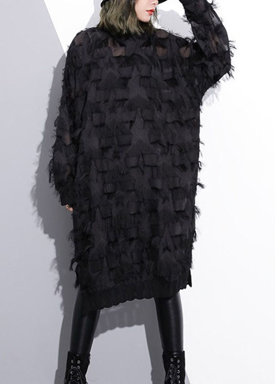 Black Tassel Hollow Out Lace Dress Spring