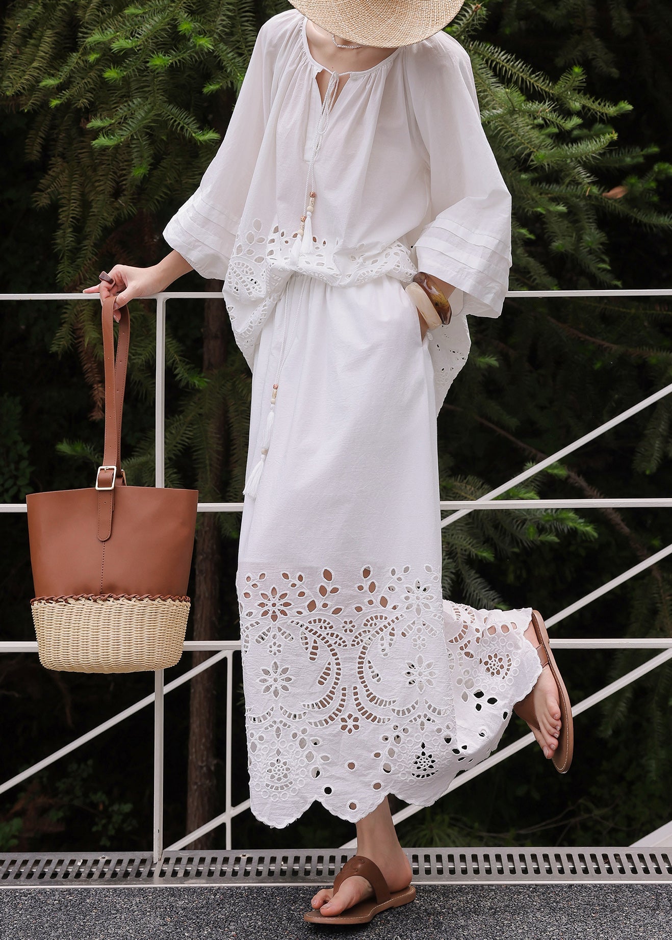 Loose White Lace Up Hollow Out Cotton Two Pieces Set Fall