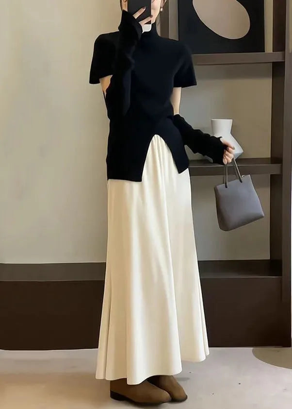 Simple Apricot Side Open Tops and Brown Skirts Knit Two Pieces Set Spring