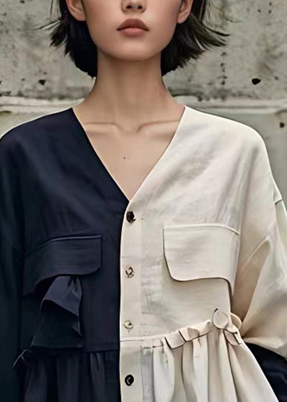 Navy Patchwork Wrinkled Button Top Long Sleeve