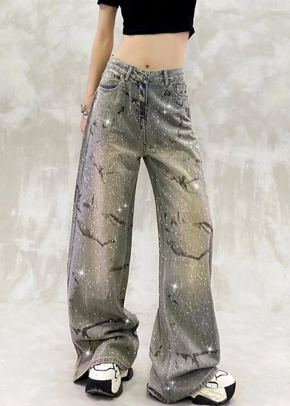 Blue Pockets Zircon High Waist Denim Pants Fall