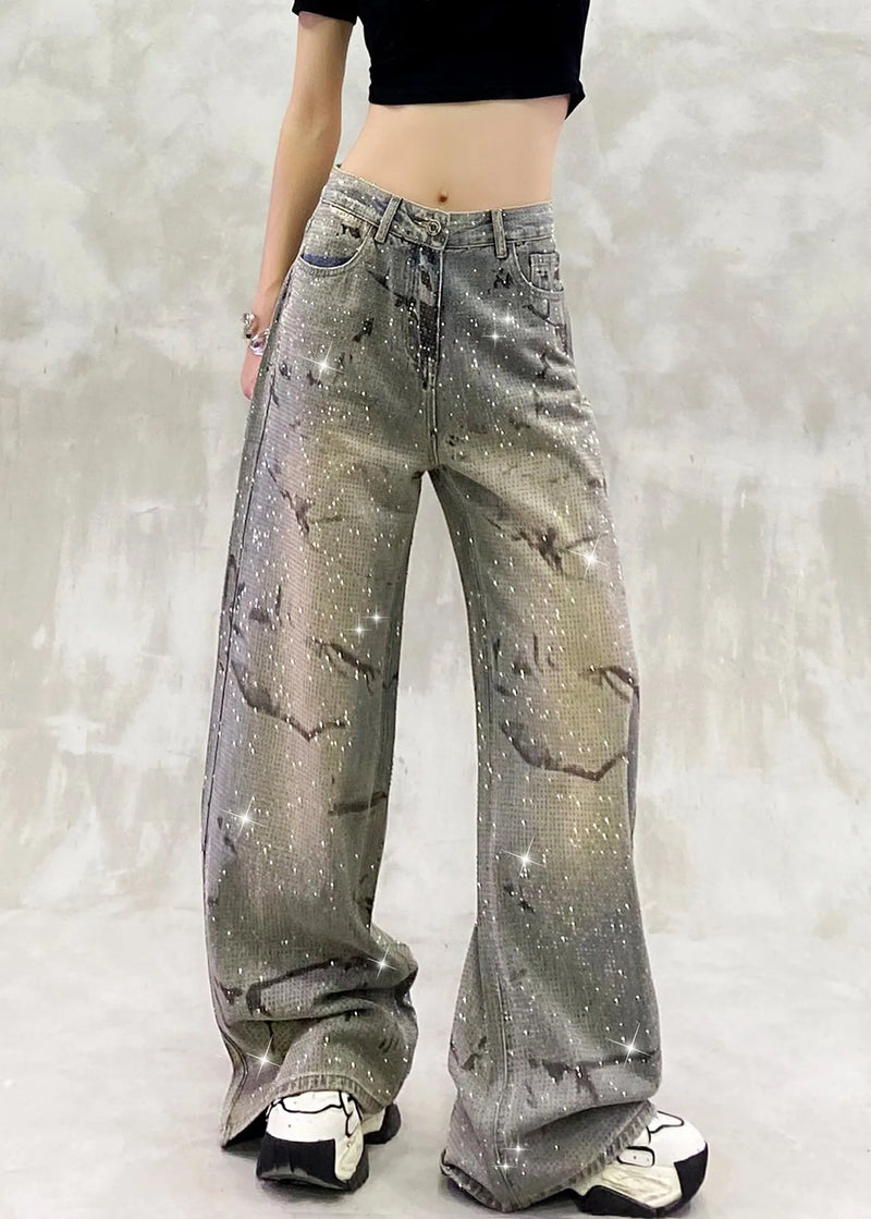 Blue Pockets Zircon High Waist Denim Pants Fall