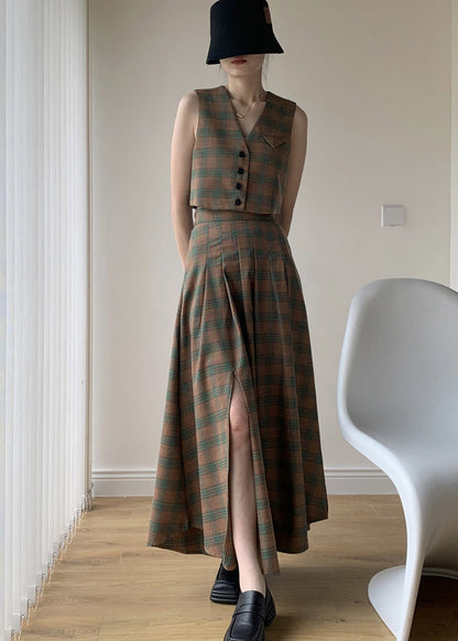 Italian Green Plaid Tops and Pleated Skirts Cotton Two Pieces Set Sleeveless