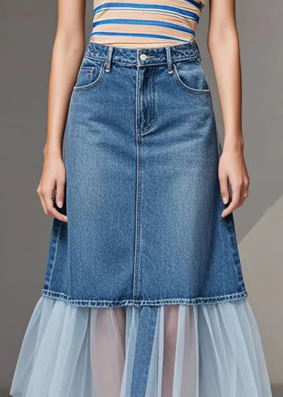 Natural Blue Silm Fit Patchwork Denim Tulle Skirt Spring