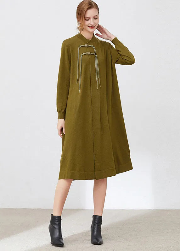 Blue Stand Collar Wool Knit Long Dresses Long Sleeve
