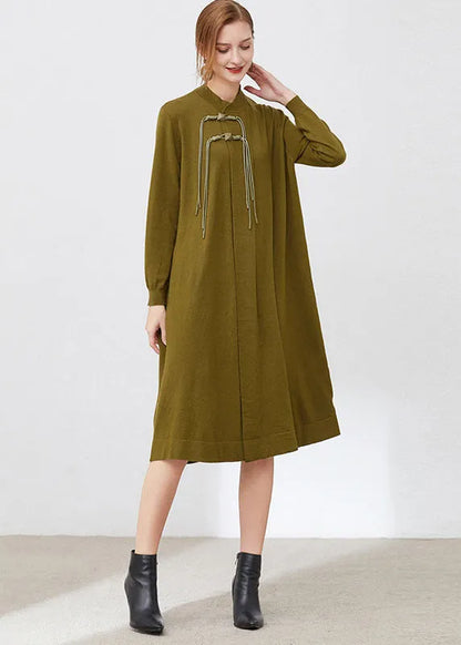 Blue Stand Collar Wool Knit Long Dresses Long Sleeve