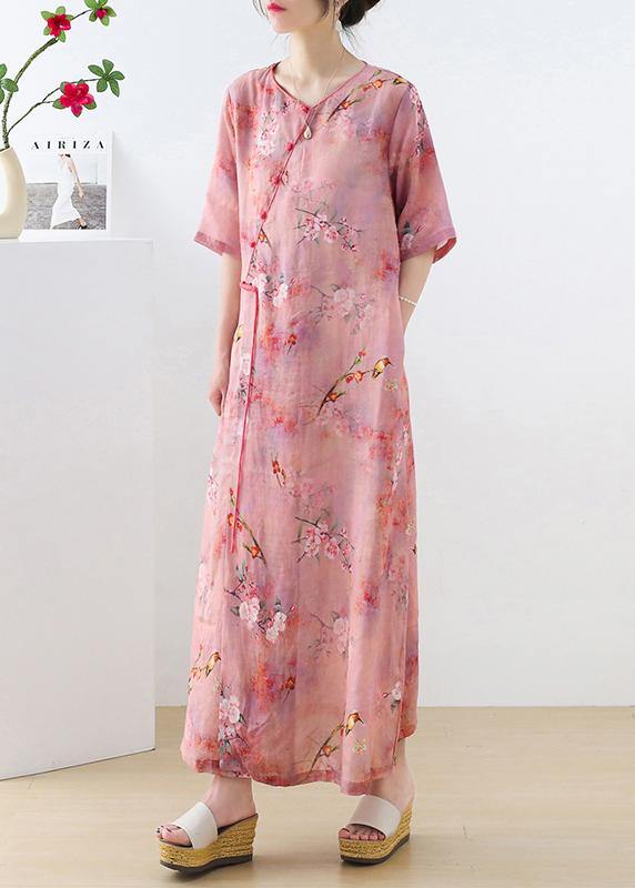 Pink Print Oriental Asymmetrical Design Summer Ramie Long Dresses