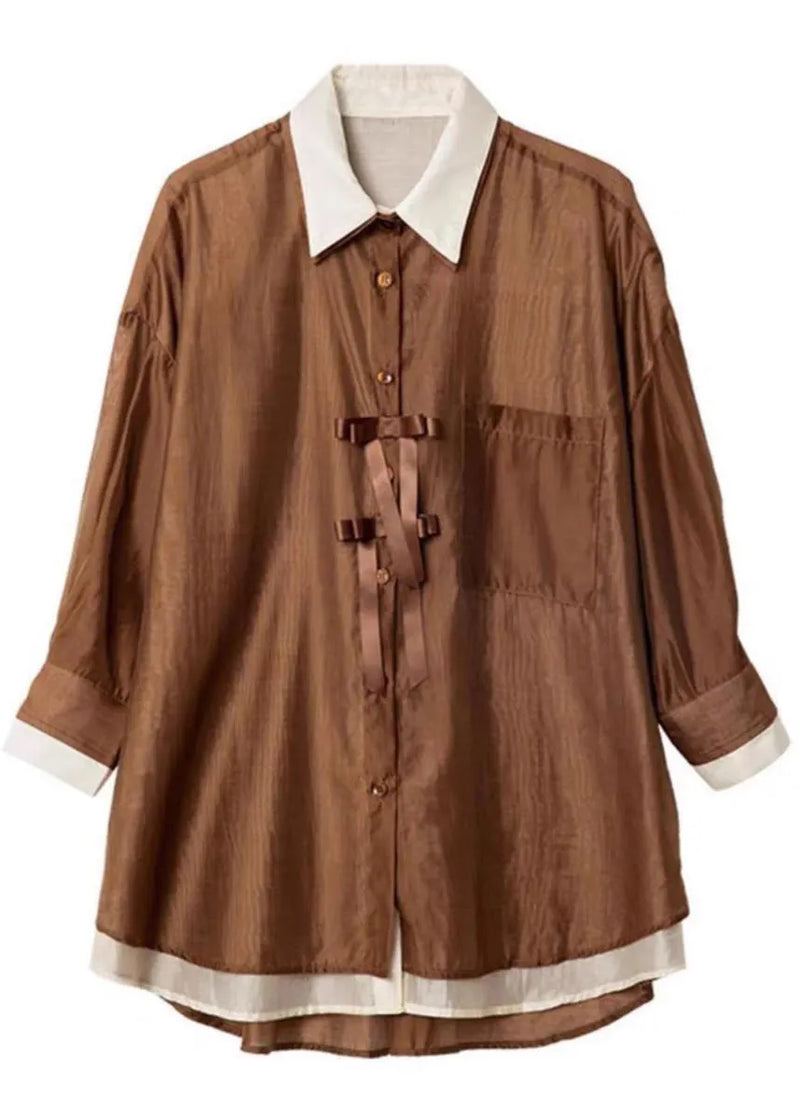 Organic Coffee Patchwork Fake Two Pieces Chiffon Shirt Spring