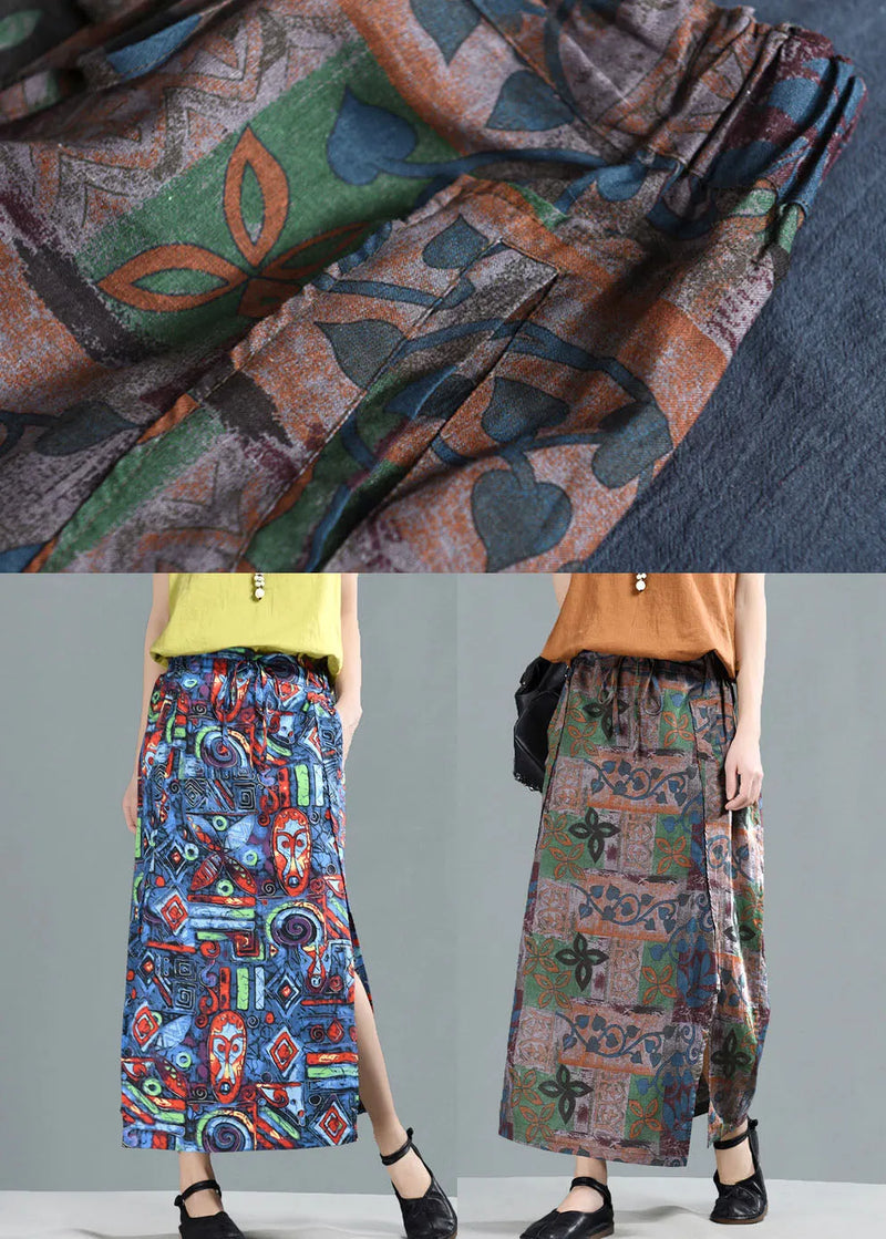 Blue Elastic Waist Pockets Print Linen a Line Skirt Summer