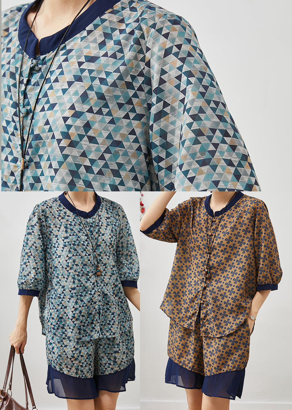 Unique Blue Print Patchwork Linen Sets 2 Pieces Summer