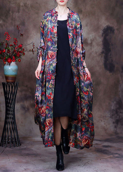 Red Print Oriental Button Silk Trench Coats Long Sleeve